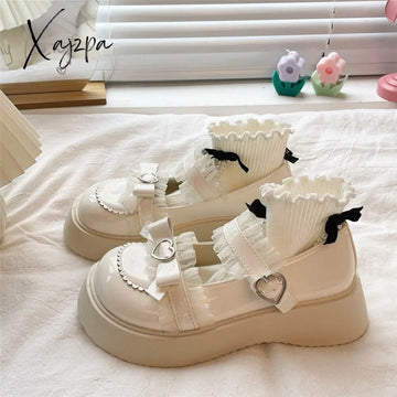Xajzpa - Lolita Shoes Latform Loafers Mary Jane Women Retro British Small Leather Bow Tie